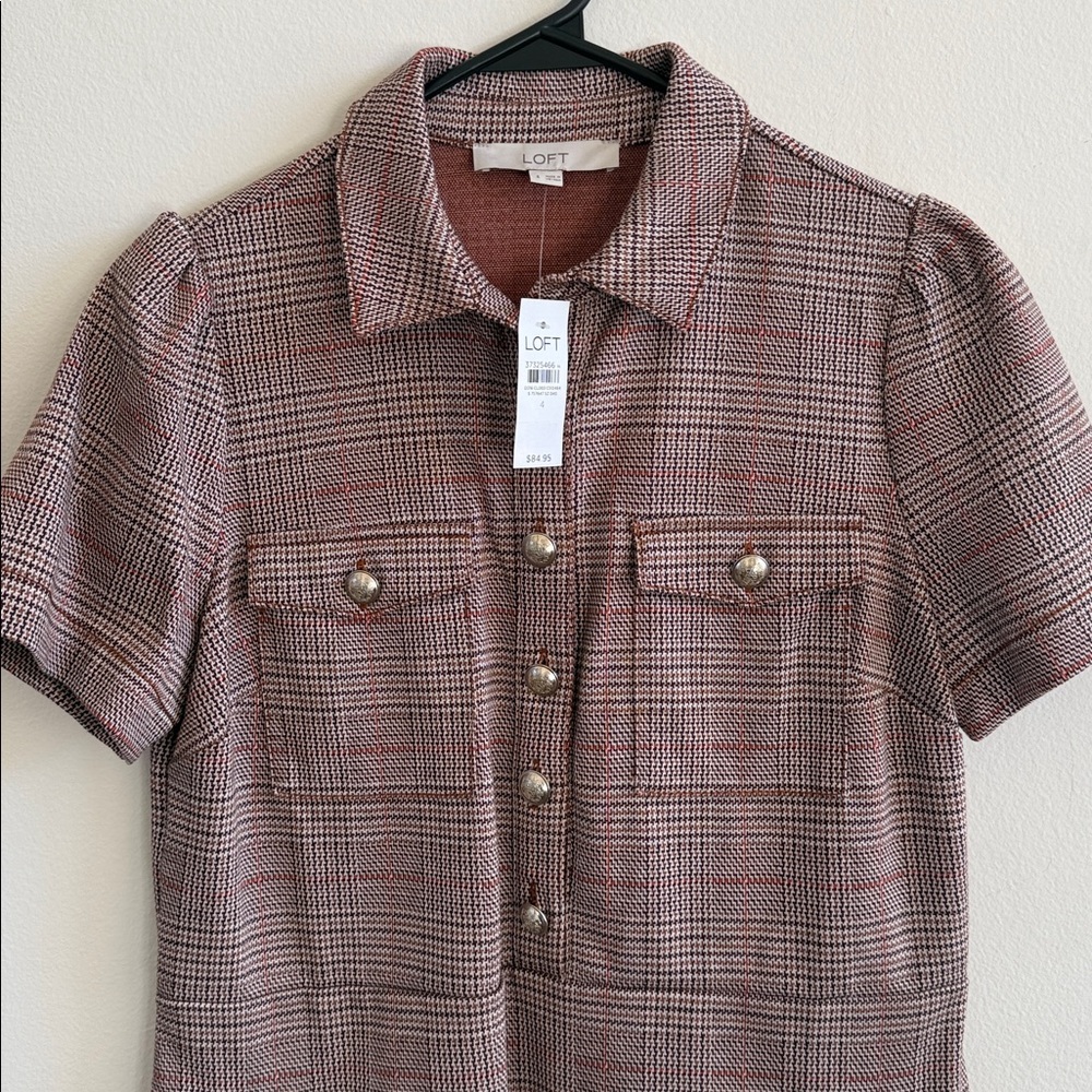 LOFT Plaid Dress with gold buttons